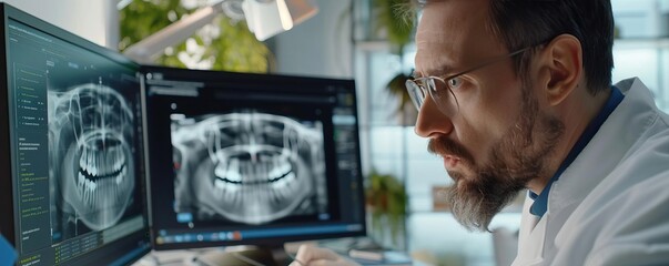 A focused dentist examines a tooth Xray on a computer screen, evaluating the dental imagery for effective treatment planning