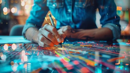 Close-up double exposure of a creative director sketching designs, layered with dynamic abstract art