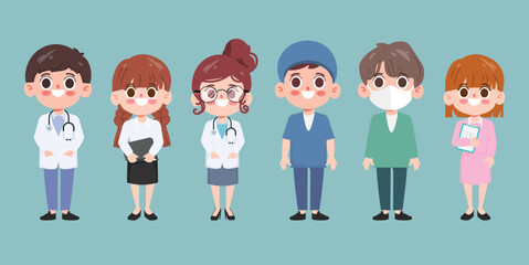 Doctor character set for medicine. Healthcare medical people in hospital animation. Vector cartoon design.