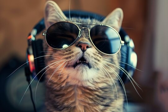 Stylish cat with sunglasses enjoying tunes on headphones, embodying a fun and laidback vibe