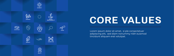 Core Values Web Header Banner with Integrity Mission and Vision Icons