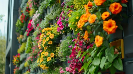 Naklejka premium Innovative vertical garden on the side of a building, showcasing urban sustainability, vibrant and modern
