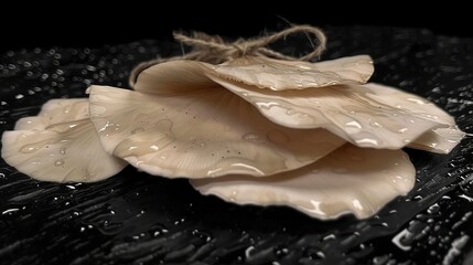   A macro shot of a dish on a plate with liquid drops and a twisted rope of twine