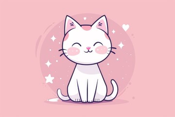 Adorable illustrated white cat with blush cheeks, hearts, and stars on a pink background
