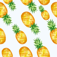 Watercolor pineapples. Vector seamless pattern with tropical fruits.