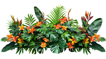Colorful Tropical Floral Arrangement with Green Leaves, Ideal for Decorative Design and Event Backdrops, Isolated on Transparent Background