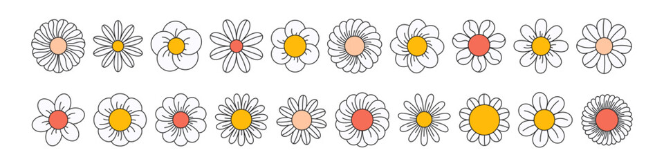 Retro flower with groovy daisy face and cute smile. 70s cartoon pattern with happy character. Psychedelic floral and hippy icon. Flat vector illustration isolated on white background.
