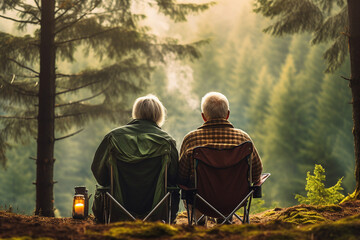 Middle aged couple enjoying harmony weekend in forest generative AI portrait