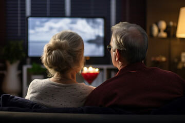 Elderly couple pensioners spending time together watching tv set generative AI portrait