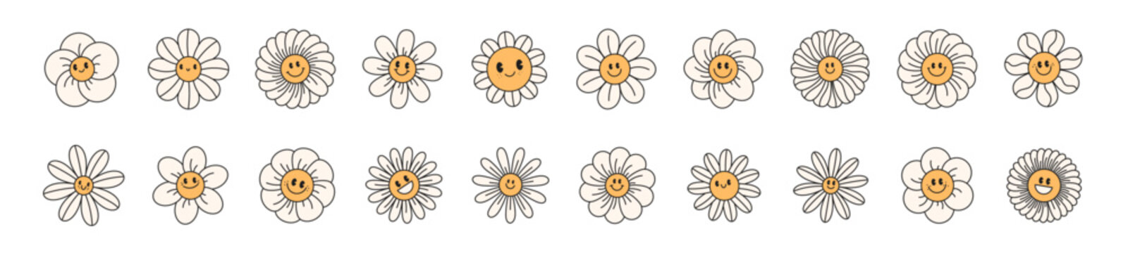 Cute daisy flower face with smiley emoji. Retro groovy cartoon character with happy expression. Y2K graphic sticker. Flat vector illustration isolated on white background.