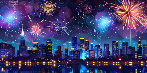 Obraz premium A city skyline with fireworks in the background
