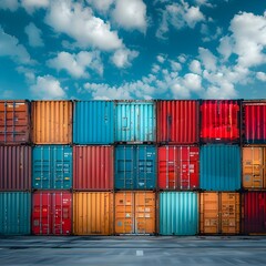 Fototapeta premium Colorful Stacked Shipping Containers at a Bustling Dockyard Representing Global Trade and Logistics