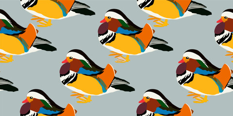 Mandarin duck. Vector seamless pattern with bright birds on light grey-blue background