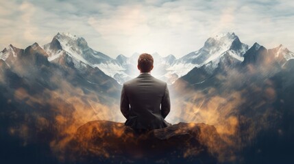 An abstract double exposure image of a businessman gazing at a city skyline, with urban infrastructure seamlessly integrated into his silhouette The conceptual photograph captures the essence of busin