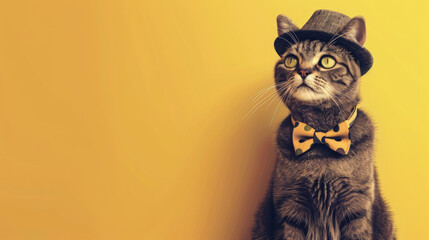 Elegant cat wearing a stylish hat and bow tie, sitting against a yellow background. Perfect for creative and whimsical designs. - Powered by Adobe