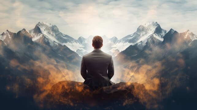 An abstract double exposure image of a businessman gazing at a city skyline, with urban infrastructure seamlessly integrated into his silhouette The conceptual photograph captures the essence of busin