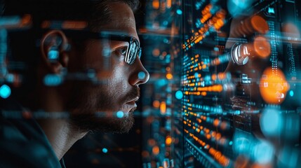 Fototapeta premium Close-up of a data scientist analyzing complex graphs on a transparent screen, double exposure with data streams