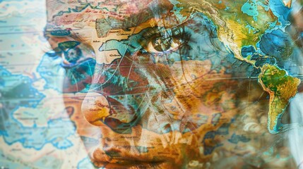 Close-up of a face merging with a map of the world, illustrating the power of translation across borders, double exposure effect, vivid details