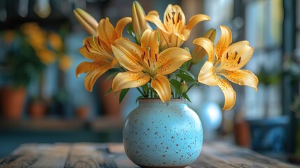 A bouquet of orange lilies in a blue ceramic vase on a rustic wooden table.