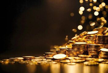 pure precious golden gold coin failing on table, yellow shiny expensive coins represents wealth rich power