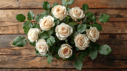 A bouquet of cream roses on a wooden background