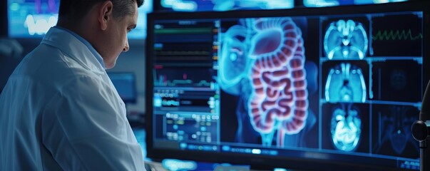 A medical professional analyzes an Xray of the intestines on a monitor that exudes a Matrixinspired digital ambiance, highlighting innovative diagnostic technology