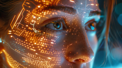 Close-Up of a Face with Digital Data Reflections