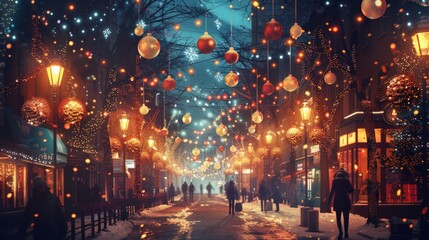 Festive Street Lights: Illustrate a city street decorated with festive lights and ornaments, with people strolling and enjoying the holiday atmosphere, highlighting community and celebration.