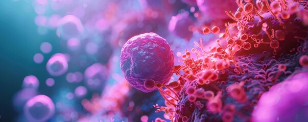 A medical display illustrating cancer cells from a micro to macro perspective, infused with vaporwave colors and styles to engage viewers in a healthcare setting