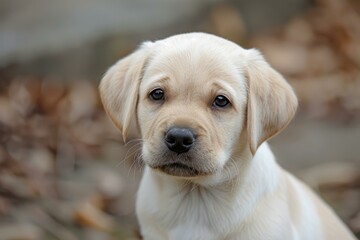 Cute young labrador retriever gazes with warm eyes against a soft autumnal backdrop