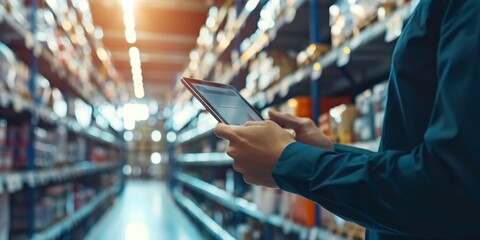 A logistician analyzing supply chain data on a tablet device in a well-lit warehouse, with shelves of products in the background