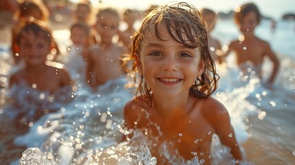 Obraz premium Group of kids at the beach, splashing in the waves, sunlit, carefree laughter, wide-angle lens, pastel colors, copy space on the left