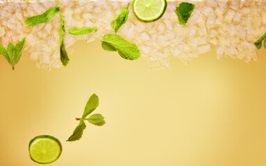 Refreshing drink made with lime slices and mint leaves in water. Textured photo. Abstract...