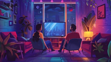 A couple is sitting on a couch in their living room, watching TV.