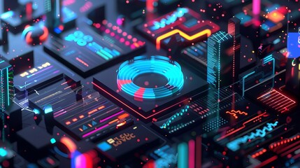 3D isometric design of digital data science, bar graph and pie chart in the style of colorful neon light, hologram with information technology background vector illustration.