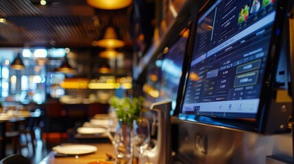 A table set with food items, alongside a large screen on the wall displaying content.