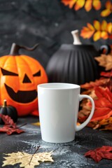 Autumnal Halloween Theme with Blank Mug, Festive Pumpkins, and Fall Leaves