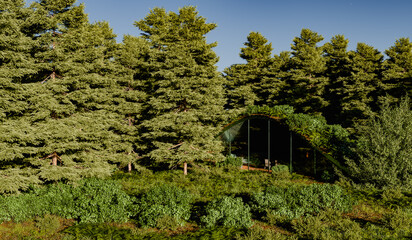 Futuristic green-roofed architecture in the forest. Eco-friendly building surrounded by coniferous trees. Sustainable architecture, green building, environmental design, nature integration