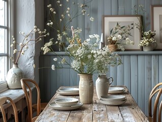 Timeless Elegance: Scandinavian Inspired Wall Decor with Dark Wood Frames and Delicate Wildflowers.