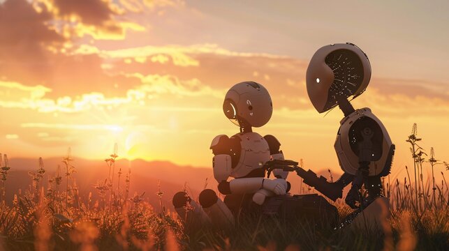 Heartfelt Scene of a Human and a Robot Sitting Side by Side, Watching a Sunset Together, Illustrating a Deep Emotional Bond and Connection Between Technology and Humanity.