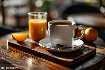 A white mug mockup with the text "Your design here" on it, sitting next to a breakfast plate with a glass of orange juice on an oak board for product photography. --ar 3:2 --style raw --stylize 750
