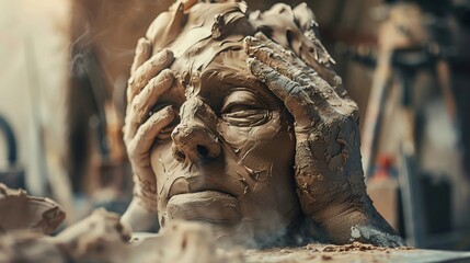 Close-up of a sculptor's hands molding clay, double exposure with the finished sculpture and studio tools