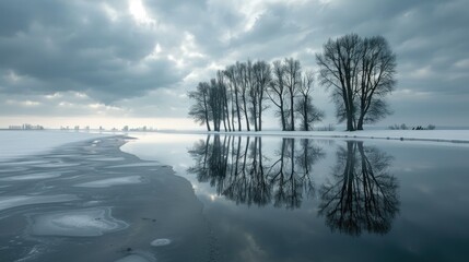 Obraz premium Reflection of trees in lagoon on a cloudy winter day