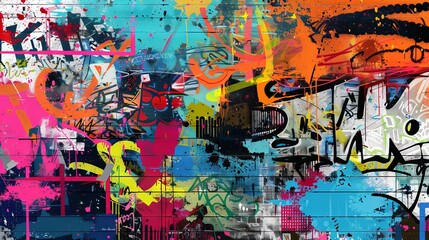 Abstract graffiti poster with colorful tags, paint splatter, scribbles and fragments