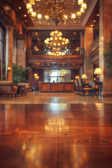 Obraz premium A polished wooden table in the foreground with a blurred background of a luxury hotel lobby. The background includes plush seating, elegant decors, a large chandelier, and a reception desk. 
