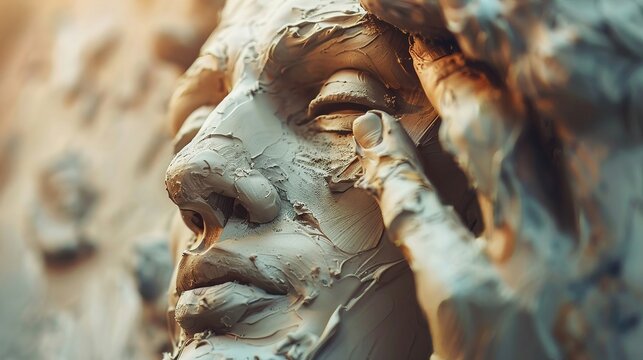 Close-up of a sculptor's hands molding clay, double exposure with the finished sculpture and studio tools - Powered by Adobe