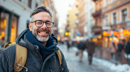 Obraz premium A man wearing a blue scarf and a backpack is smiling in front of a building