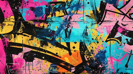 Abstract graffiti poster with colorful tags, paint splatter, scribbles and fragments