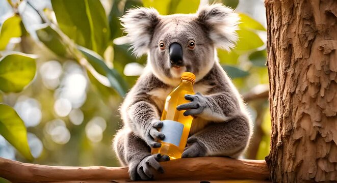 Koala with a bottle of water.	
