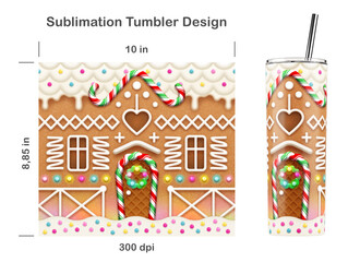 Christmas Gingerbread Cookie House. Sublimation design for 20 oz skinny tumbler. Sublimation illustration. Seamless from edge to edge. Full tumbler wrap.